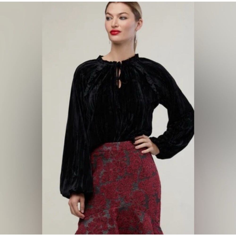 Rachel Parcell Womens Black Crinkle‎ Velvet Ruffle Long Sleeve Blouse Top Size S
